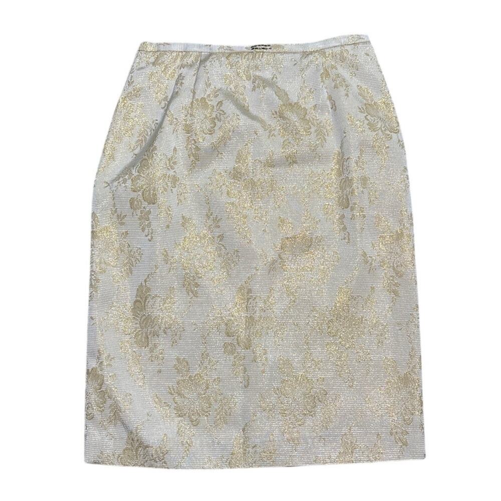 Gold Damask Ivory Wool Blend Pencil Skirt USA Made Vintage Size 10